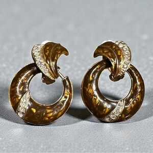 Vintage Brown and Gold Tone Earrings with Rhinestone Accents